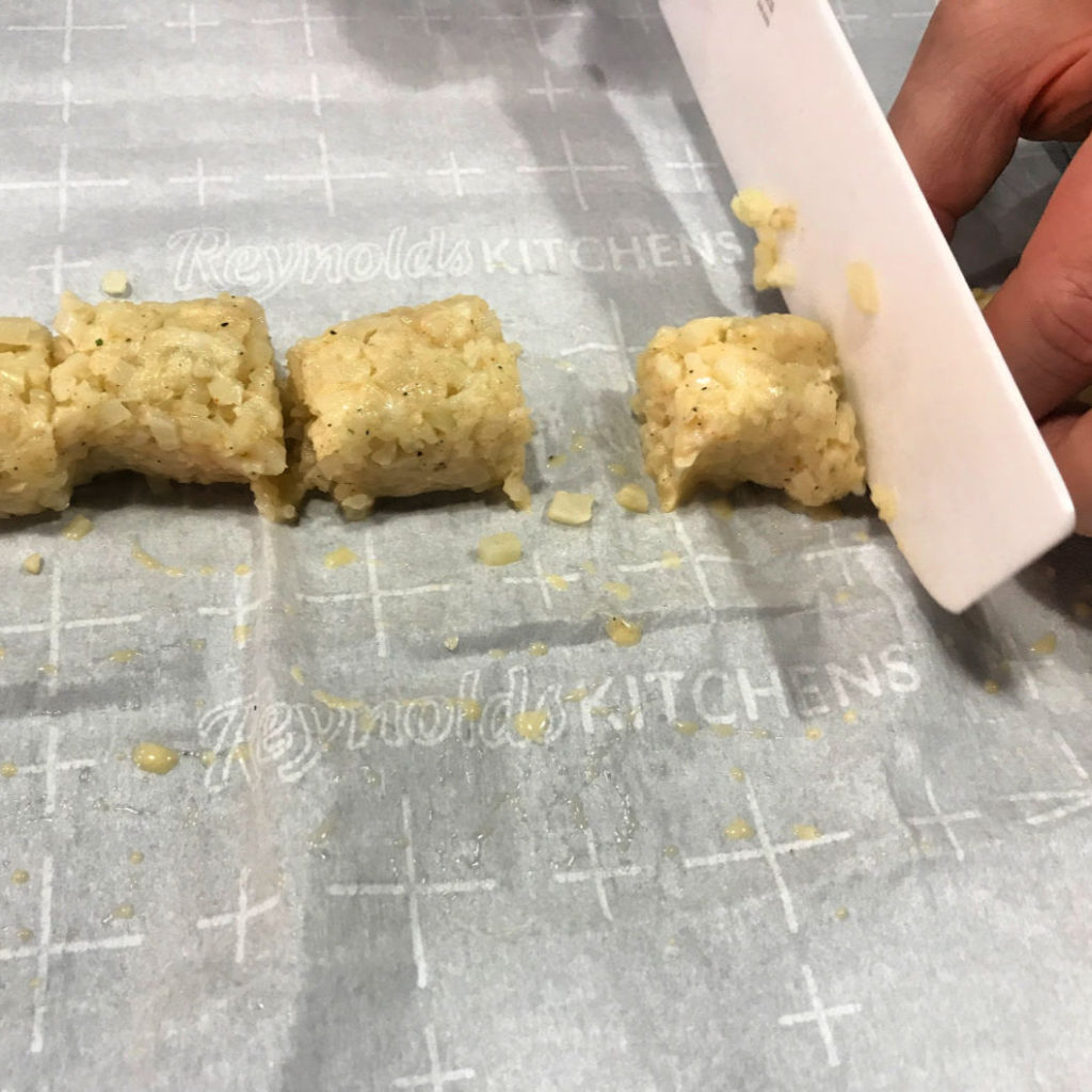Keto Tater Tots Cutting Bite Sized Pieces
