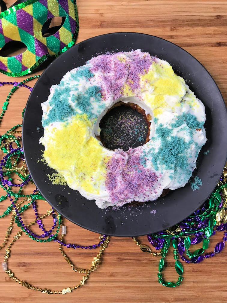 Mardi Gras King Cake Recipe Decorated