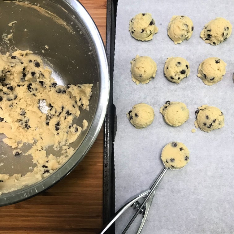 Keto Cookie Dough Bites Scoop Onto Baking Sheet