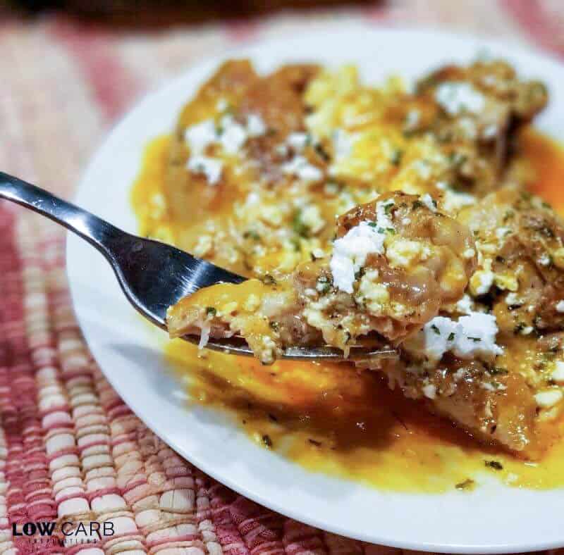 Skillet Chicken Thighs With Roasted Red Pepper Sauce And Feta Cheese