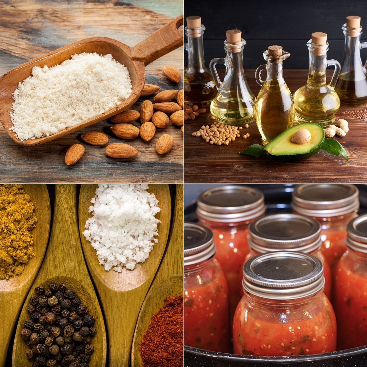 Keto Pantry Staples oil seasoning tomatoes and flour