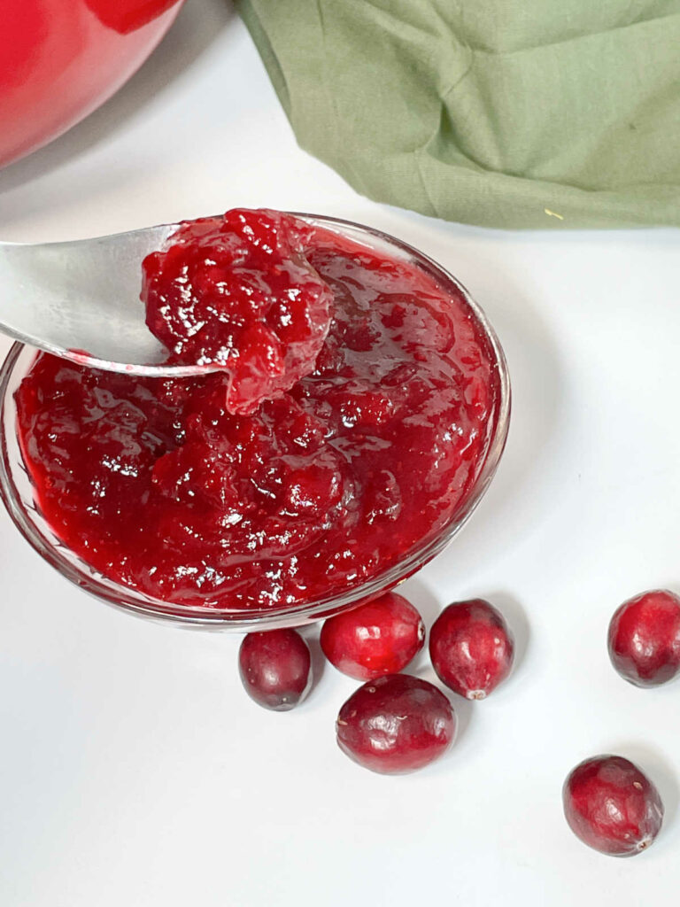 Keto Cranberry Sauce on a spoon