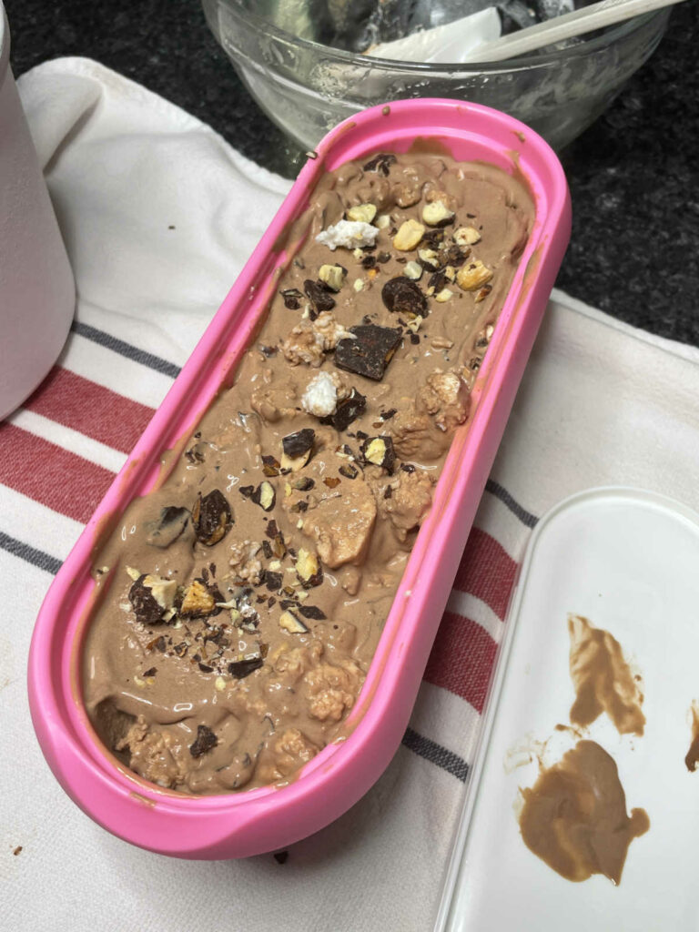 Chocolate Almond Marshmallow Ice Cream in storage container
