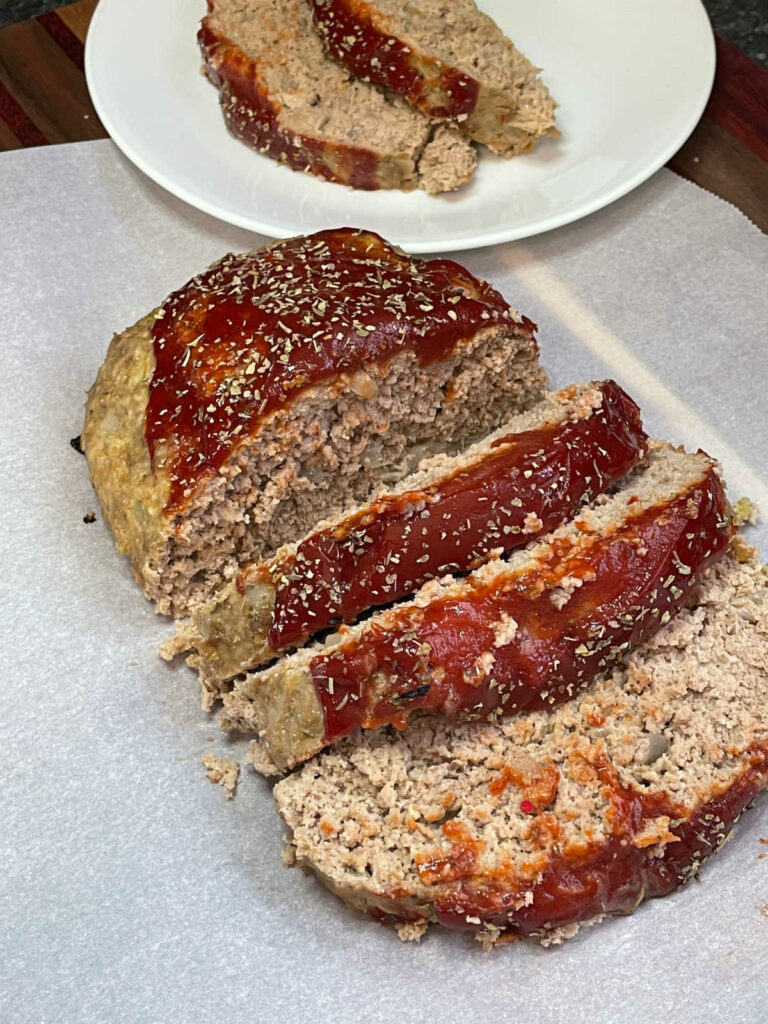 Keto Beef and Turkey Meatloaf sliced and ready to eat