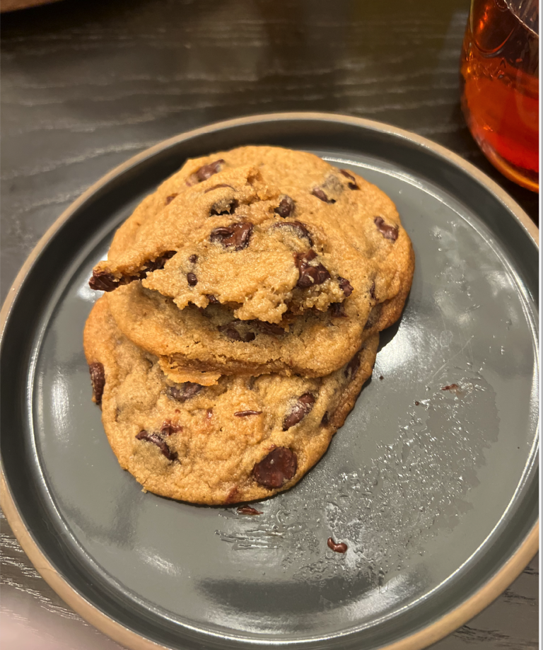 three vegan keto chocolate chip cookies on a plate