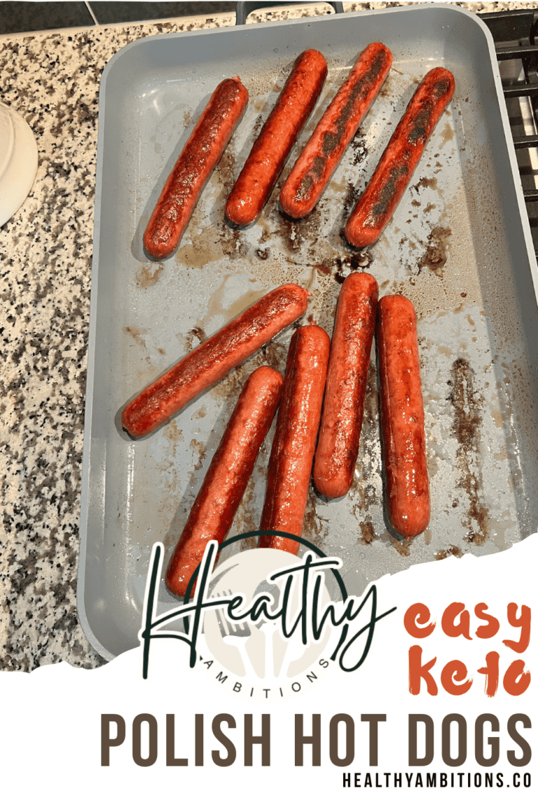 1. Grilled Polish hot dogs on a baking sheet, healthy meal option, easy keto recipe.