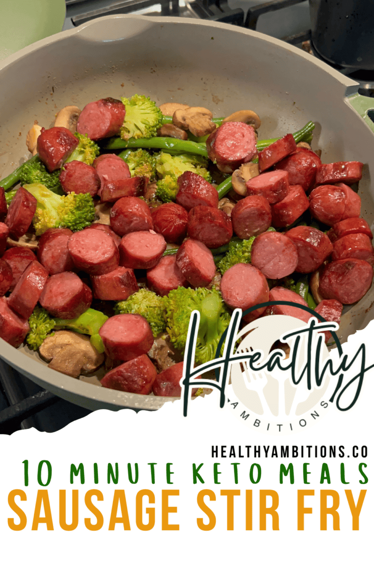 Sausage stir fry with broccoli and mushrooms, quick healthy keto meal option.